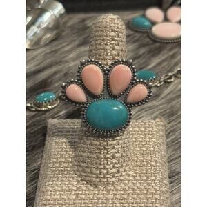 925 Southwest Sterling Silver Queen Pink Conch Turquoise Paw Cluster Ring💗Sz 7